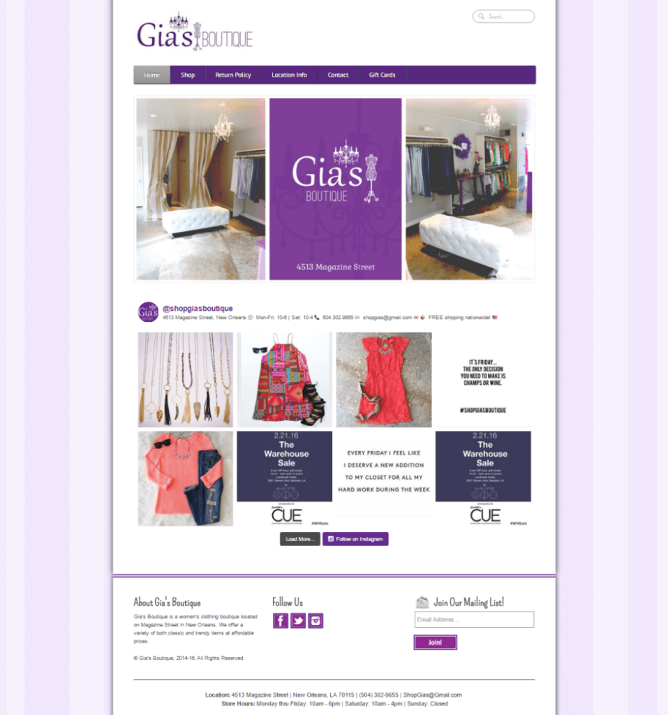 Homepage of Gia's Boutique website