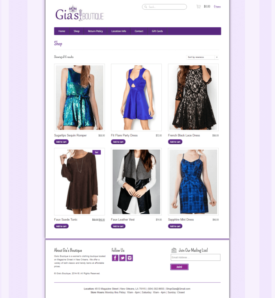 Store page on Gia's Boutique website