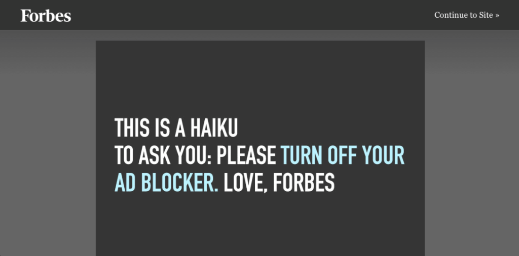Forbes website asking readers to turn off ad blockers